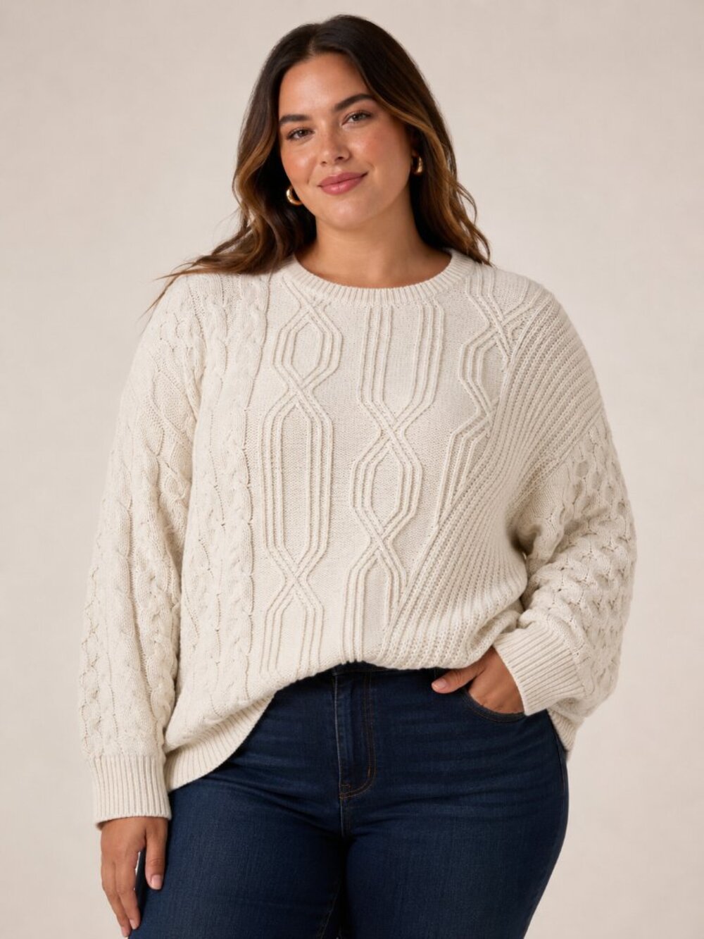 Maeve Anthropologie Cable Knit Cotton Blend Sweater 1X Cream Textured Chunky Coz